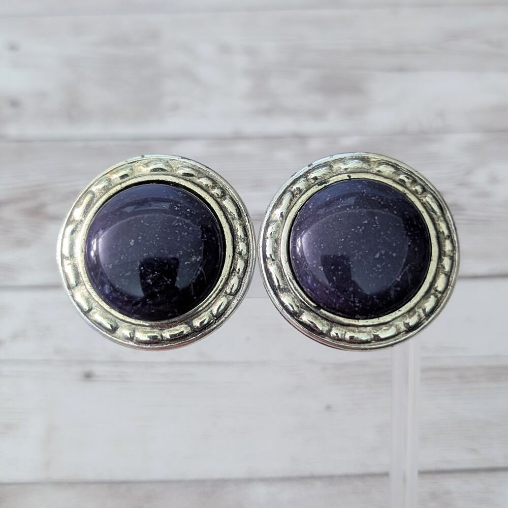 Vintage Clip On Earrings Speckled Midnight Tones with Gold Tone Halo